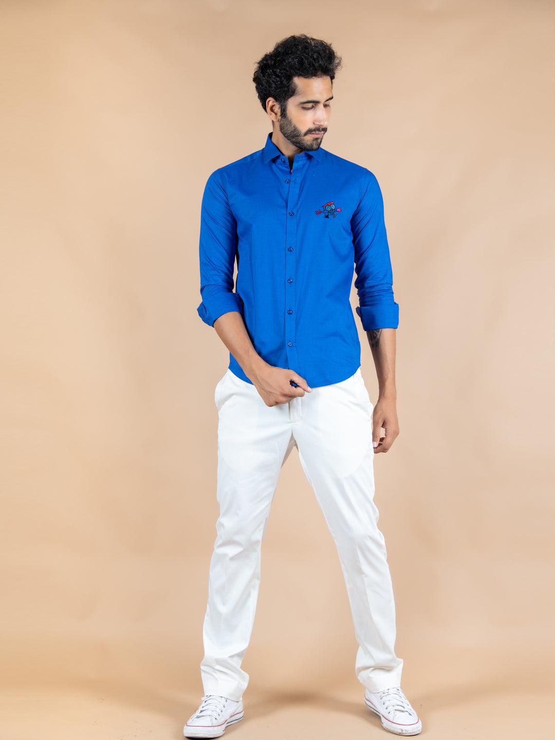 Dexter Embroidered Blue Cotton Shirt - Tistabene