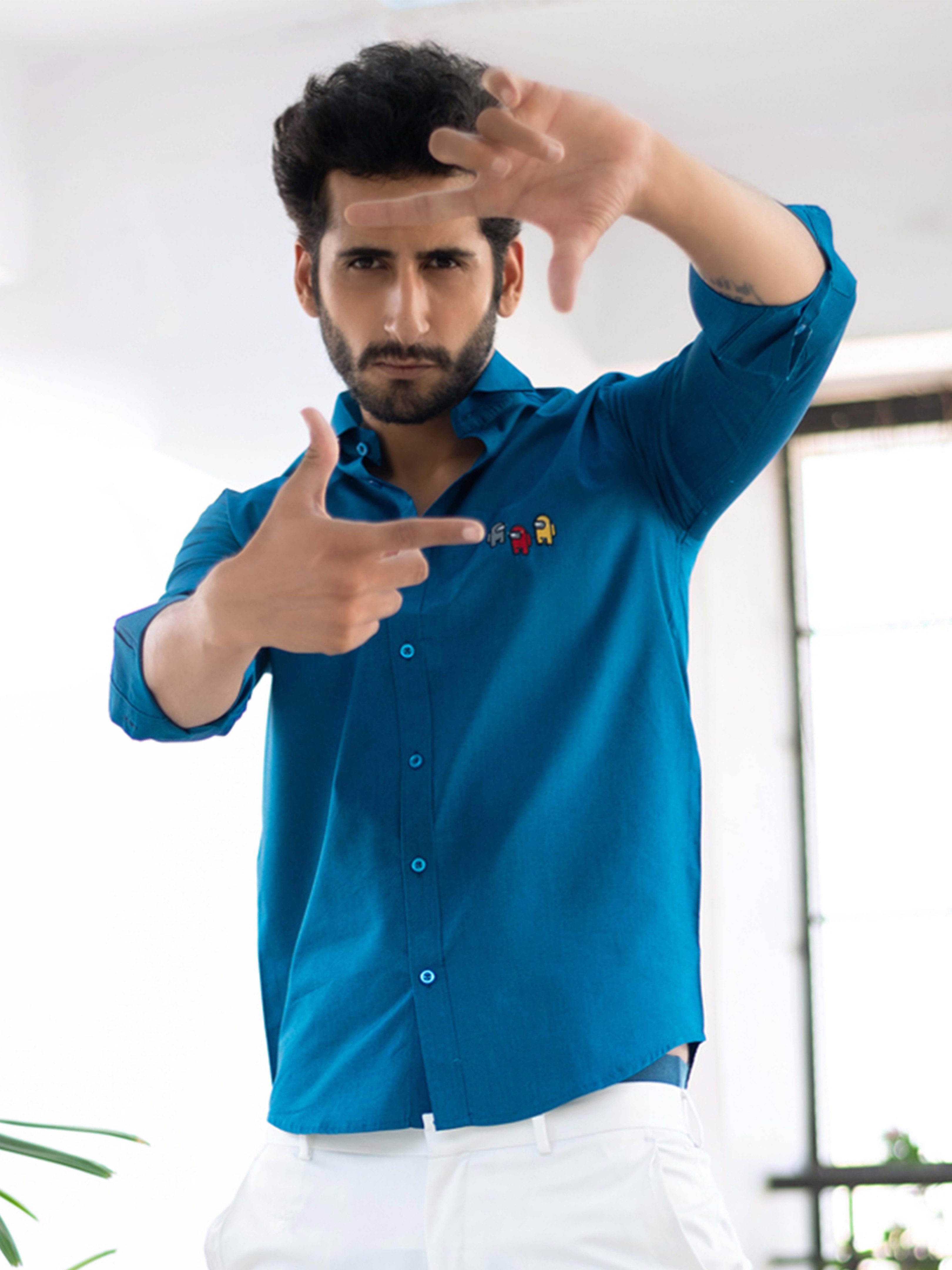 Among Us Embroidered Teal Blue Cotton Shirt