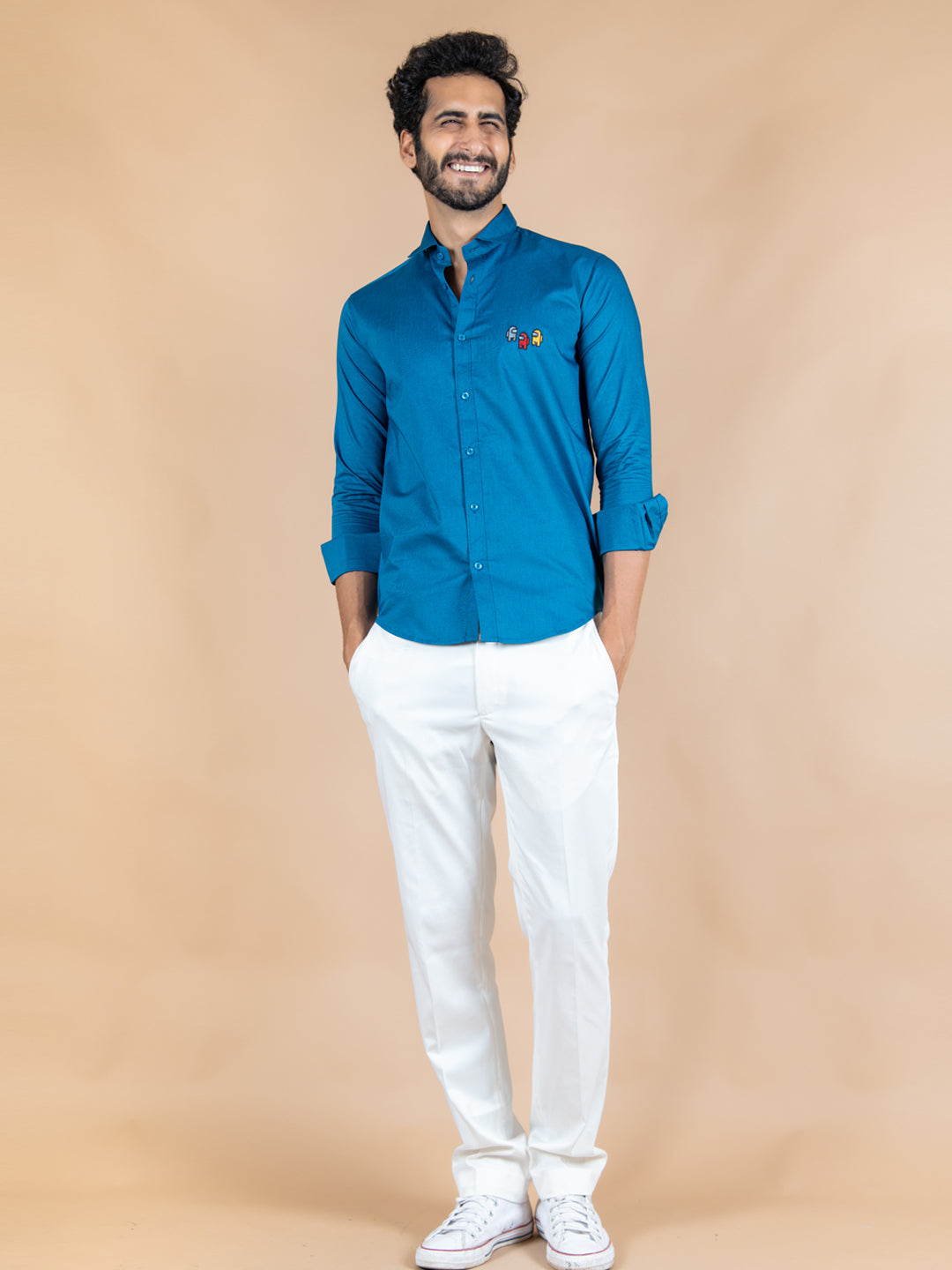 Among Us Embroidered Teal Blue Cotton Shirt