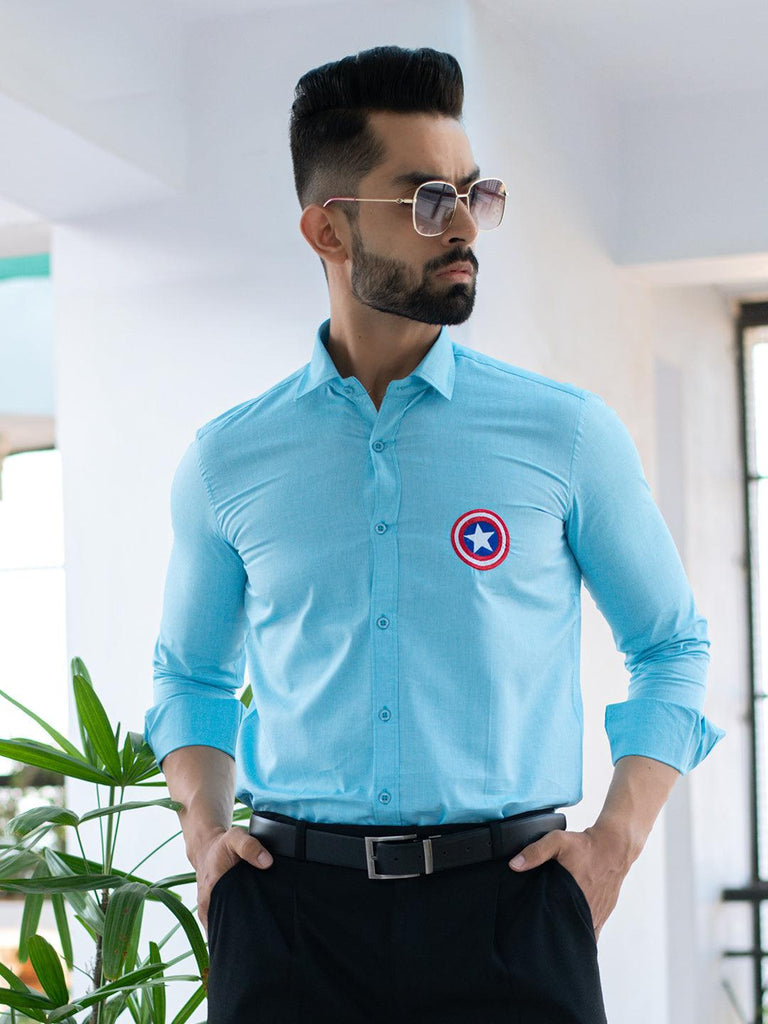 Captain America Embroidered Blue Cotton Shirt - Tistabene