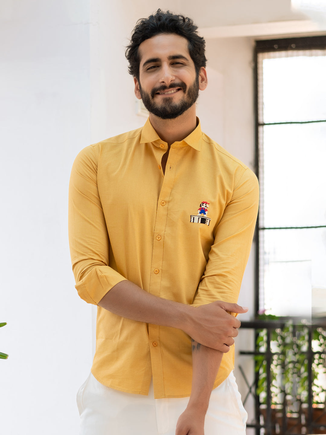 Yellow Mario Embroidered Cotton Shirt