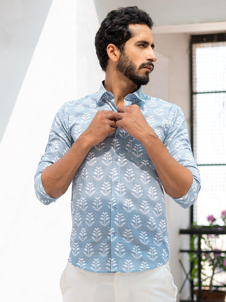 Steel Blue Printed Jaipuri Cotton Shirt - Tistabene