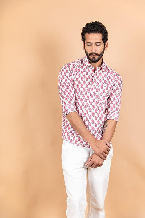White Jaipuri Printed Cotton Shirt - Tistabene