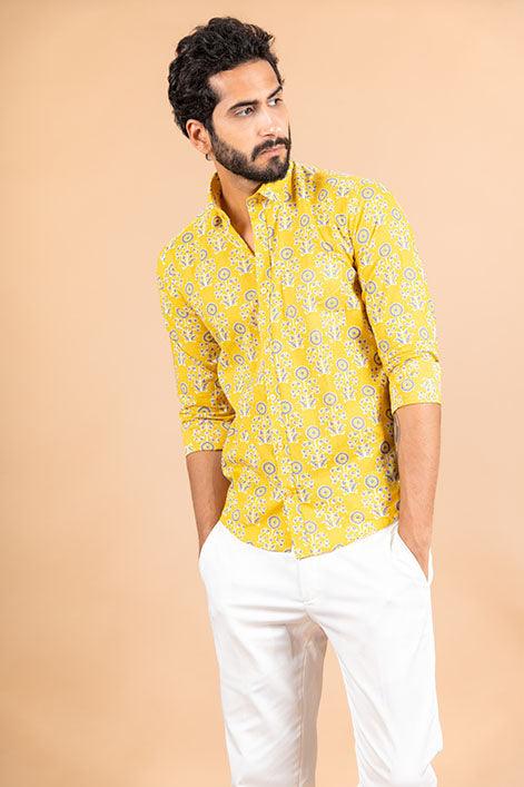Yellow Printed Cotton Shirt for Men