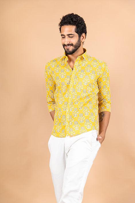 Yellow Printed Cotton Shirt for Men