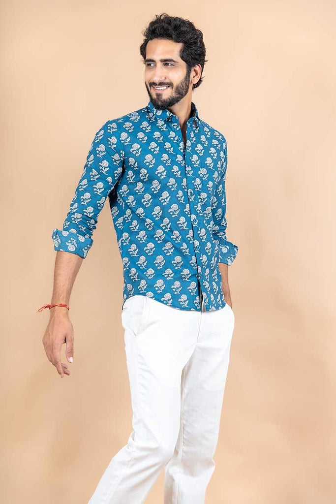 Blue Jaipuri Printed Cotton Shirt - Tistabene