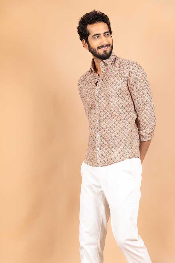 Khaki Jaipuri Printed Cotton Shirt - Tistabene