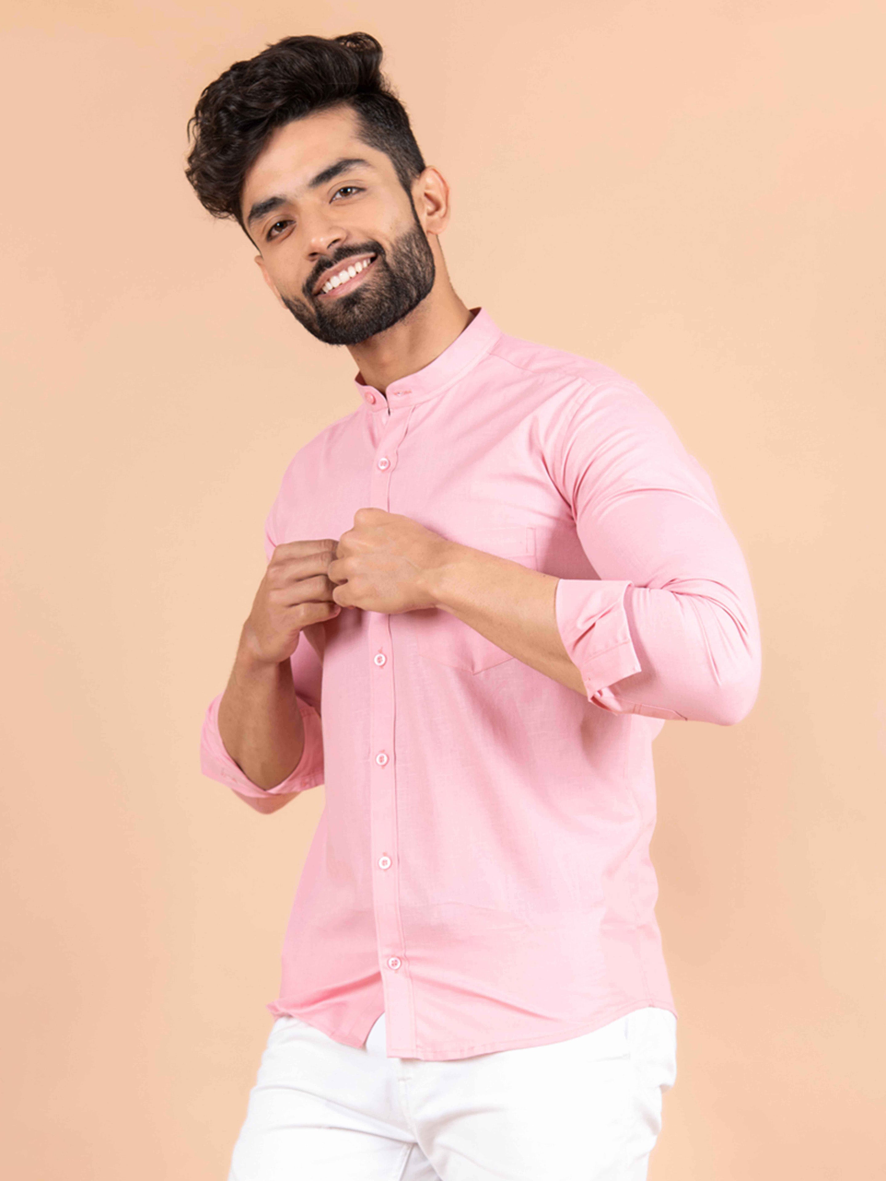 Buy Pink linen Chinese Collar Shirt Online Tistabene