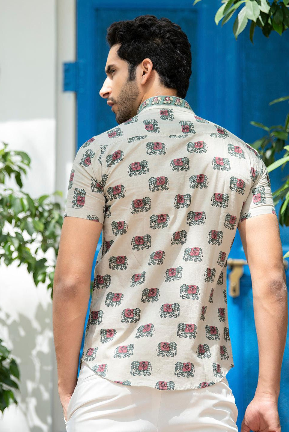 Khaki Elephant Block Print Men's Half Shirt - Tistabene