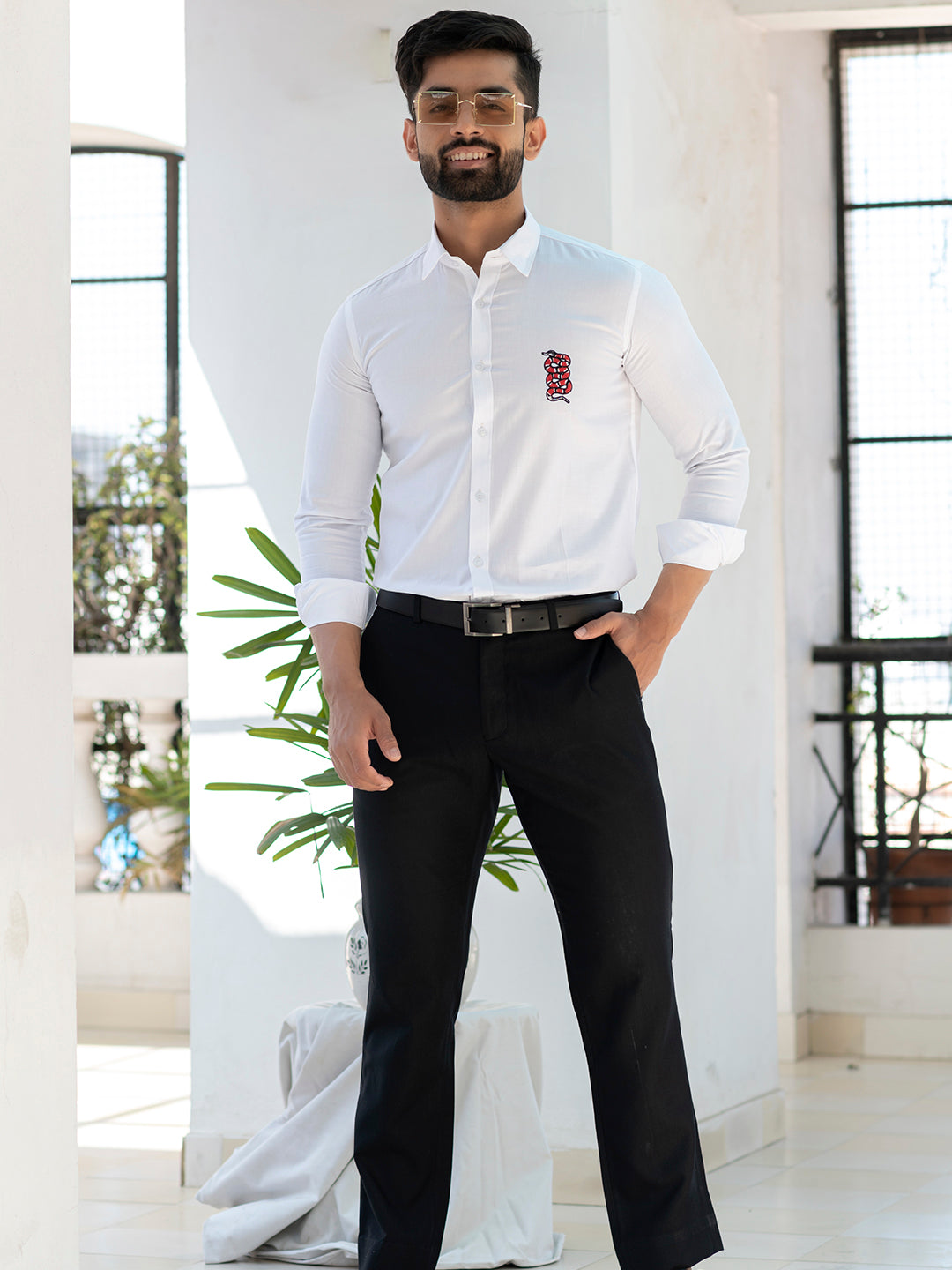 Snake Embroidered White Giza Cotton Shirt