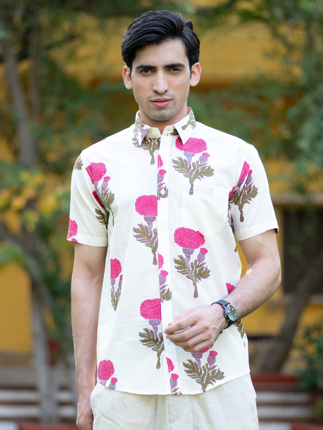 Buy Off-white Florescence Printed Cotton Half Shirt Online