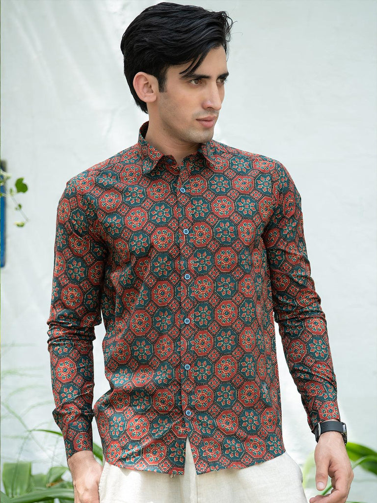 Red and Green Printed Shirt for Men