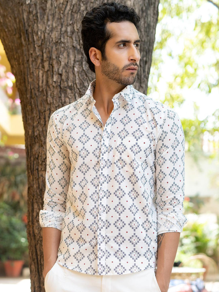 White Jaipuri Print Shirt For Men