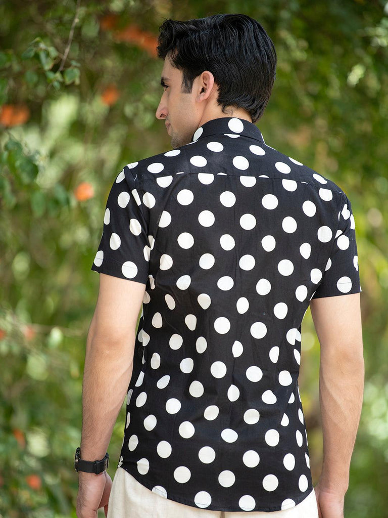 Black Polka Dotted Cotton Half Sleeve Shirt - Tistabene