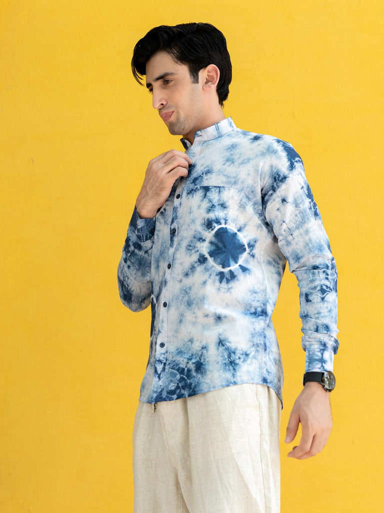 Blue Tie and Dye Chinese Collar Shirt - Tistabene