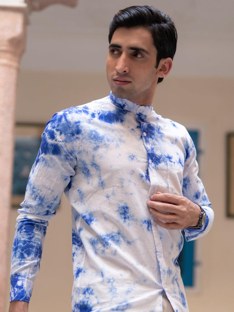 Blue Tie and Dye Chinese Collar Shirt - Tistabene