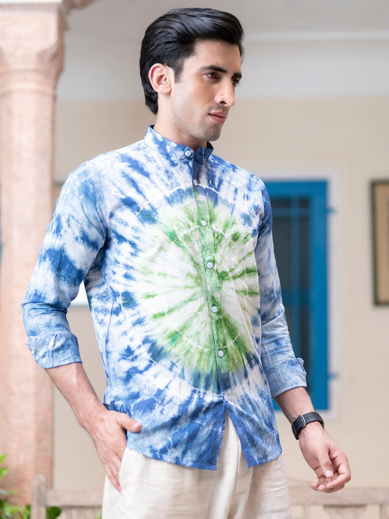Blue and Green Tie and Dye Chinese Collar Shirt - Tistabene