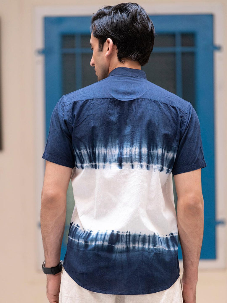 Blue Tie and Dye Ombre Chinese Collar Half Sleeves Shirt - Tistabene