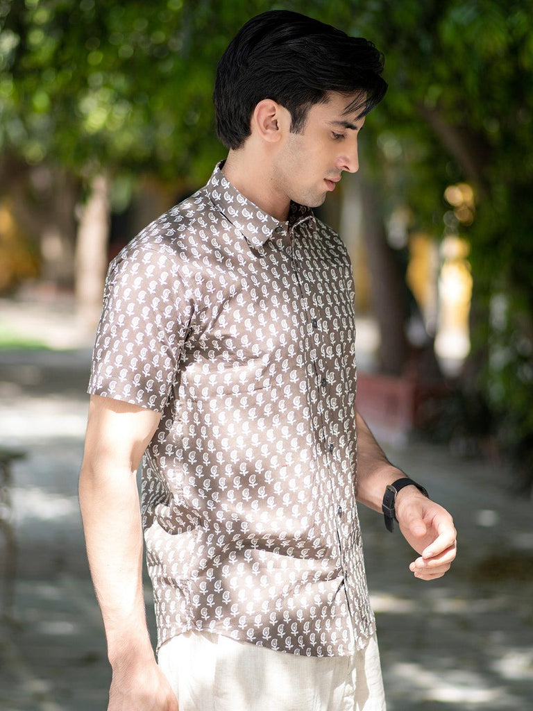 Brown Jaipuri Printed Cotton Half Sleeve Shirt - Tistabene