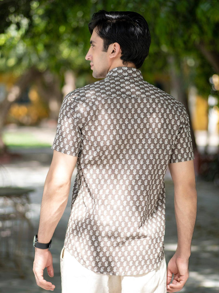 Brown Jaipuri Printed Cotton Half Sleeve Shirt - Tistabene