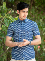 Blue Jaipuri Printed Cotton Half Sleeve Shirt