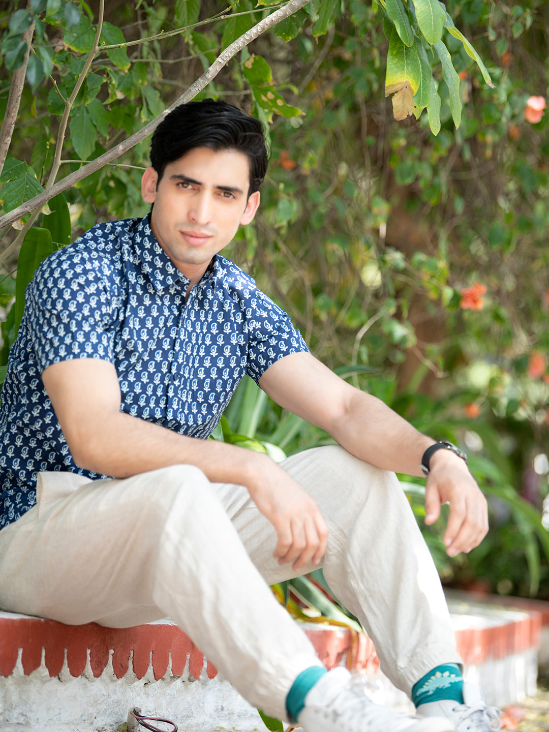 Blue Jaipuri Printed Cotton Half Sleeve Shirt