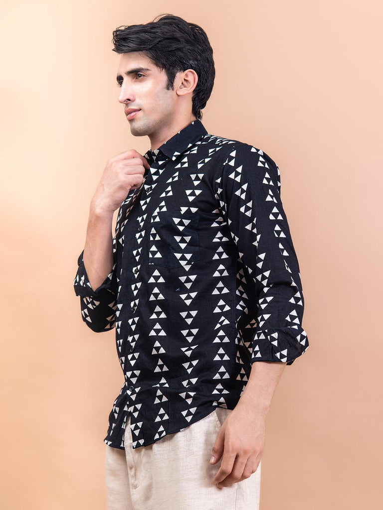 Black Geometric motif printed cotton shirt - Tistabene