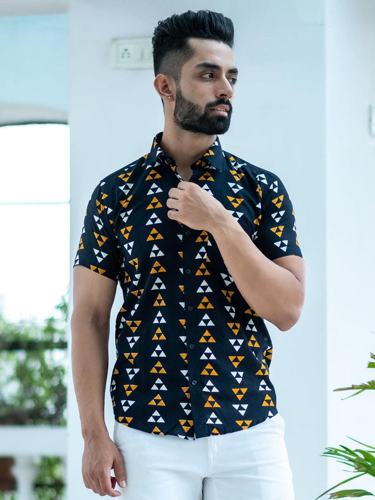 Black Geometric motif printed cotton shirt - Tistabene