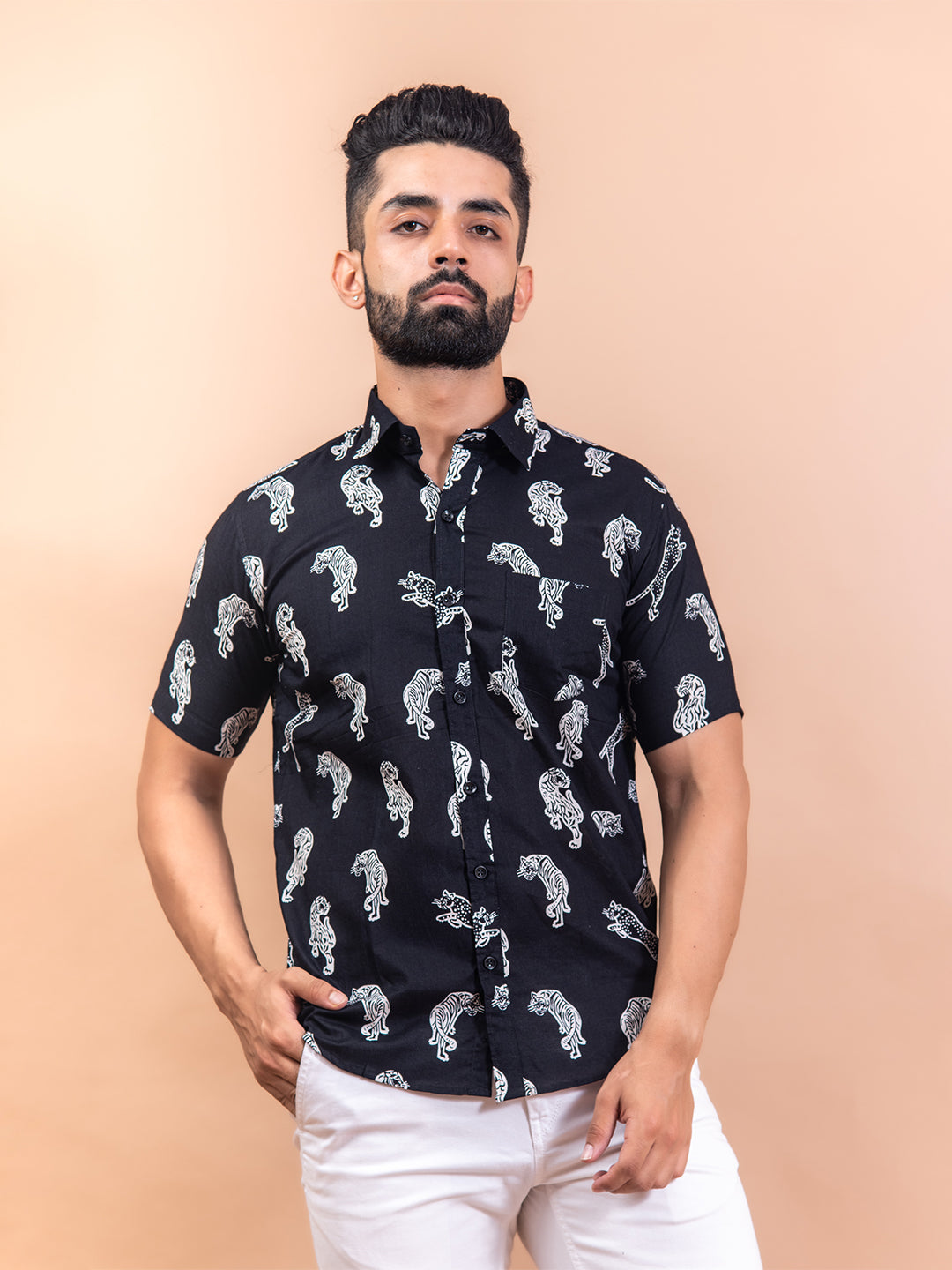 Two Direction Tiger Print Cotton Shirt