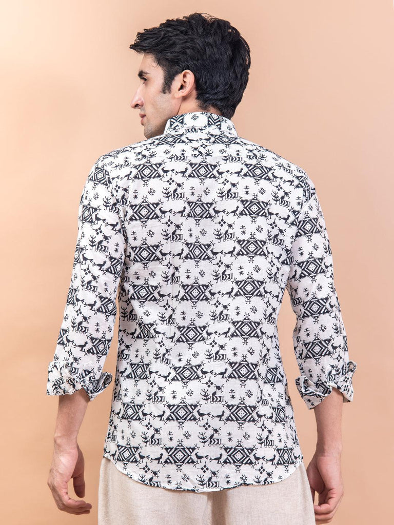 White Jaipuri Printed Cotton Full Sleeve Shirt - Tistabene