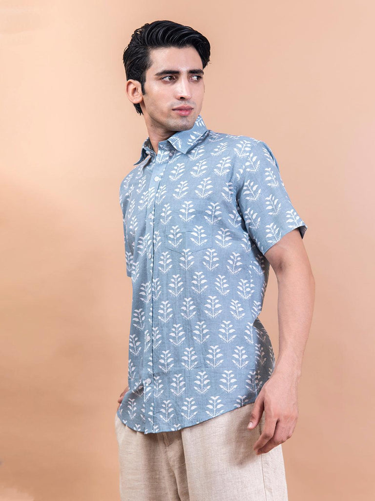 Sky Blue Printed Jaipuri Cotton Half Sleeve Shirt - Tistabene