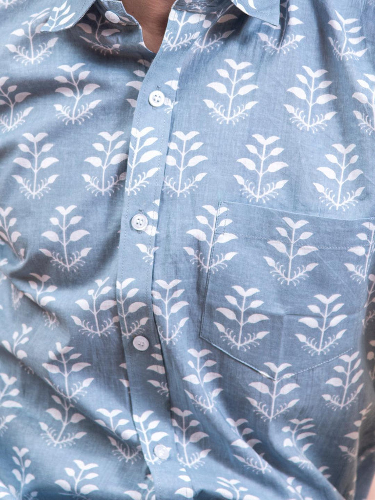 Sky Blue Printed Jaipuri Cotton Half Sleeve Shirt - Tistabene