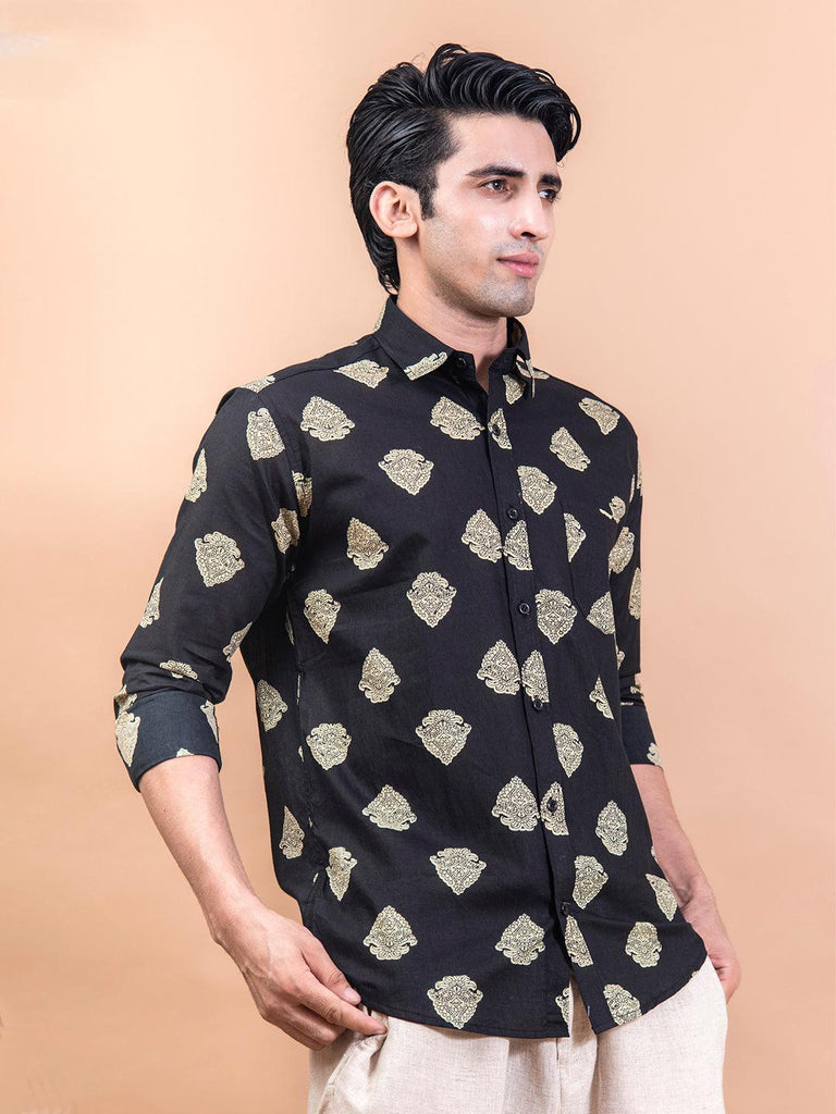 Black Motifs Jaipuri Printed Full Sleeves Shirt - Tistabene