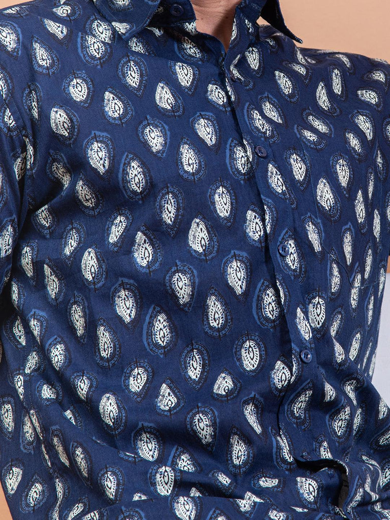 Navy Blue Motif Cotton Half Sleeves Shirt - Tistabene