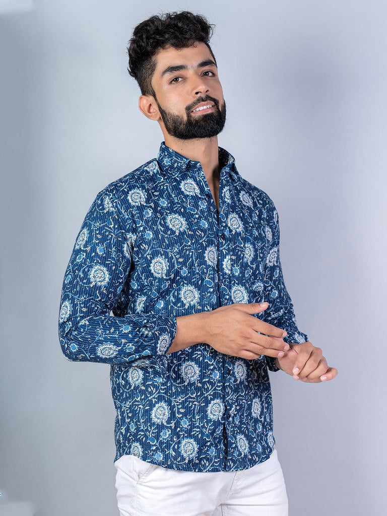 Blue Floral Printed Kantha Cotton Full Sleeve Shirt - Tistabene