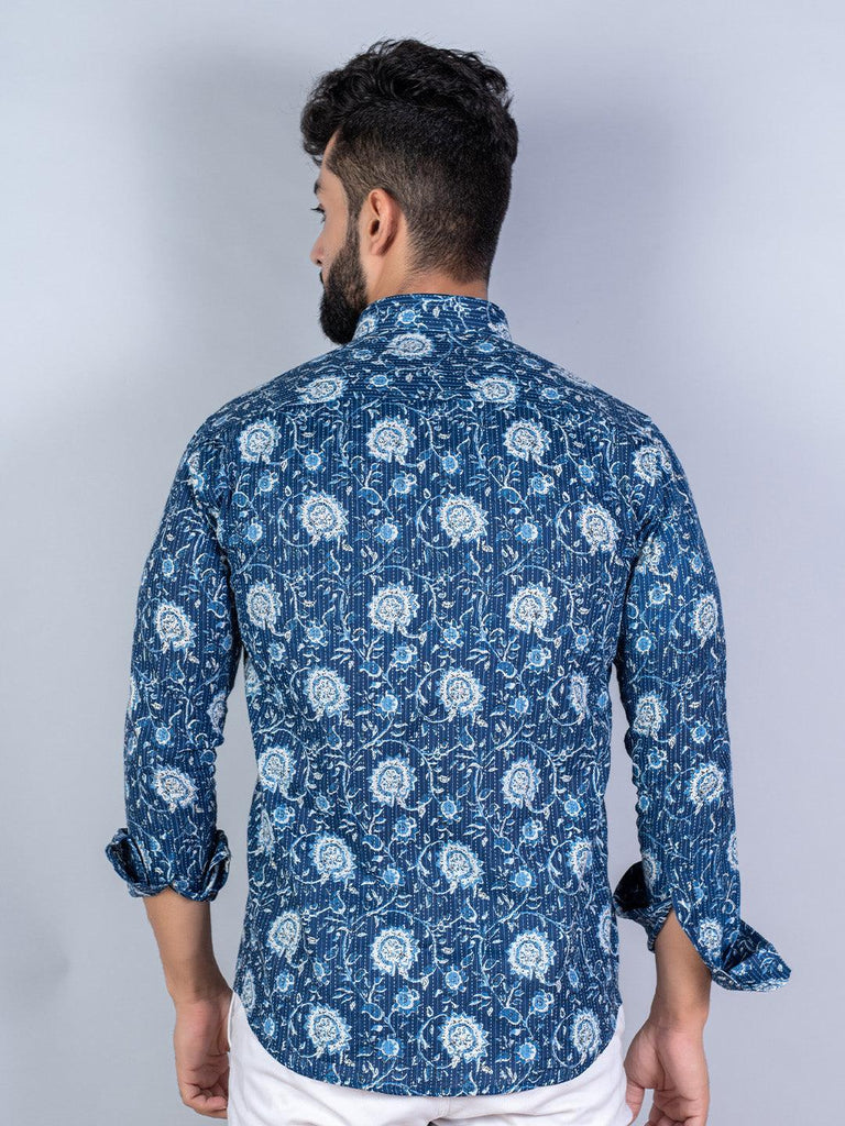 Blue Floral Printed Kantha Cotton Full Sleeve Shirt - Tistabene