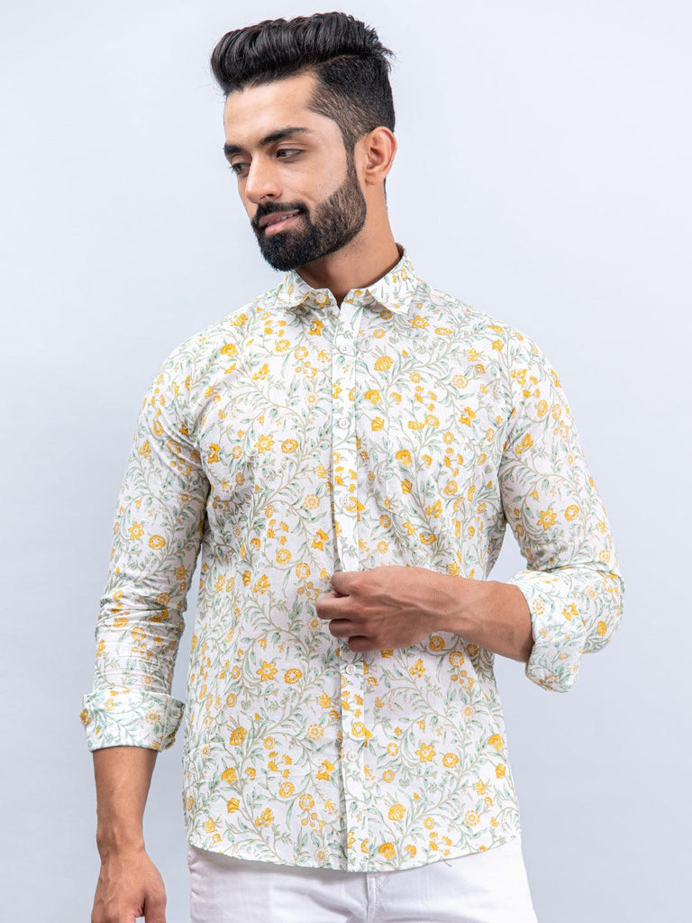 White Floral Printed Cotton Full Sleeves Shirt - Tistabene