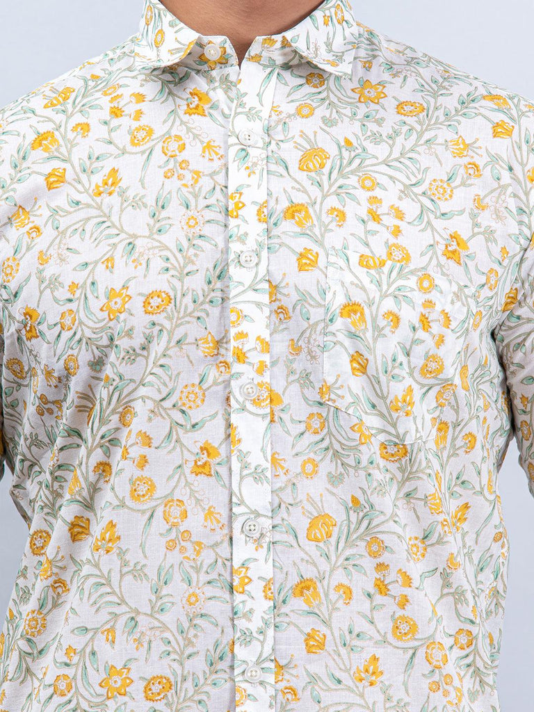 White Floral Printed Cotton Full Sleeves Shirt - Tistabene