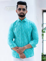 Light Green Bandhej Cotton Full Sleeves Printed Shirt