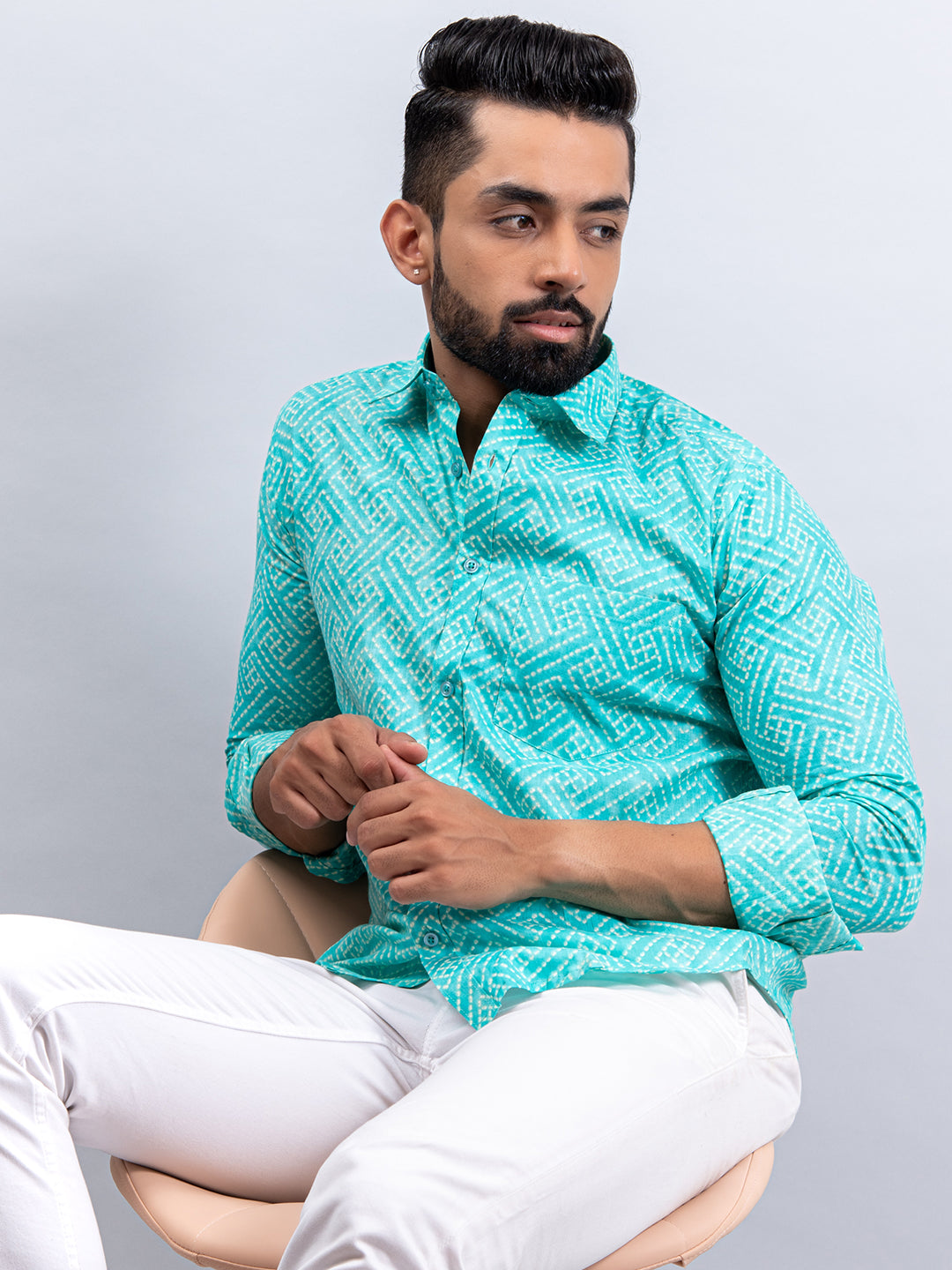 Light Green Bandhej Cotton Full Sleeves Printed Shirt