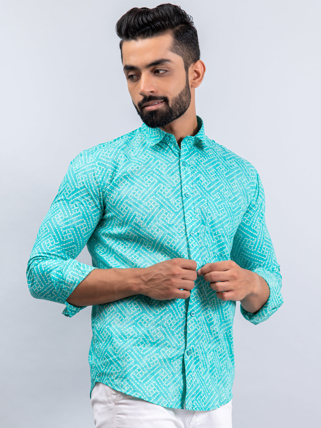 Light Green Bandhej Cotton Full Sleeves Printed Shirt