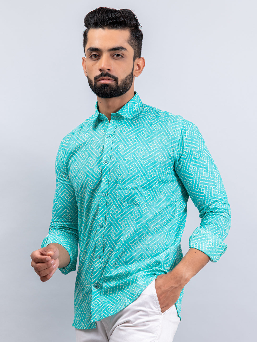 Light Green Bandhej Cotton Full Sleeves Printed Shirt