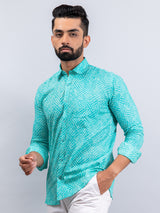Light Green Bandhej Cotton Full Sleeves Printed Shirt