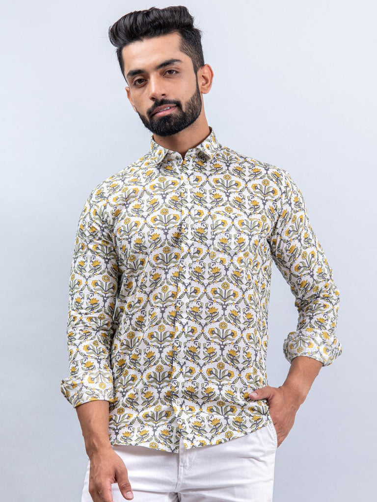 Off White Floral Hand Block Printed Cotton Full Sleeves Shirt - Tistabene