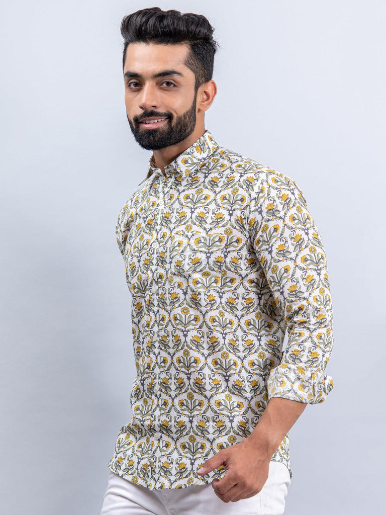 Off White Floral Hand Block Printed Cotton Full Sleeves Shirt - Tistabene