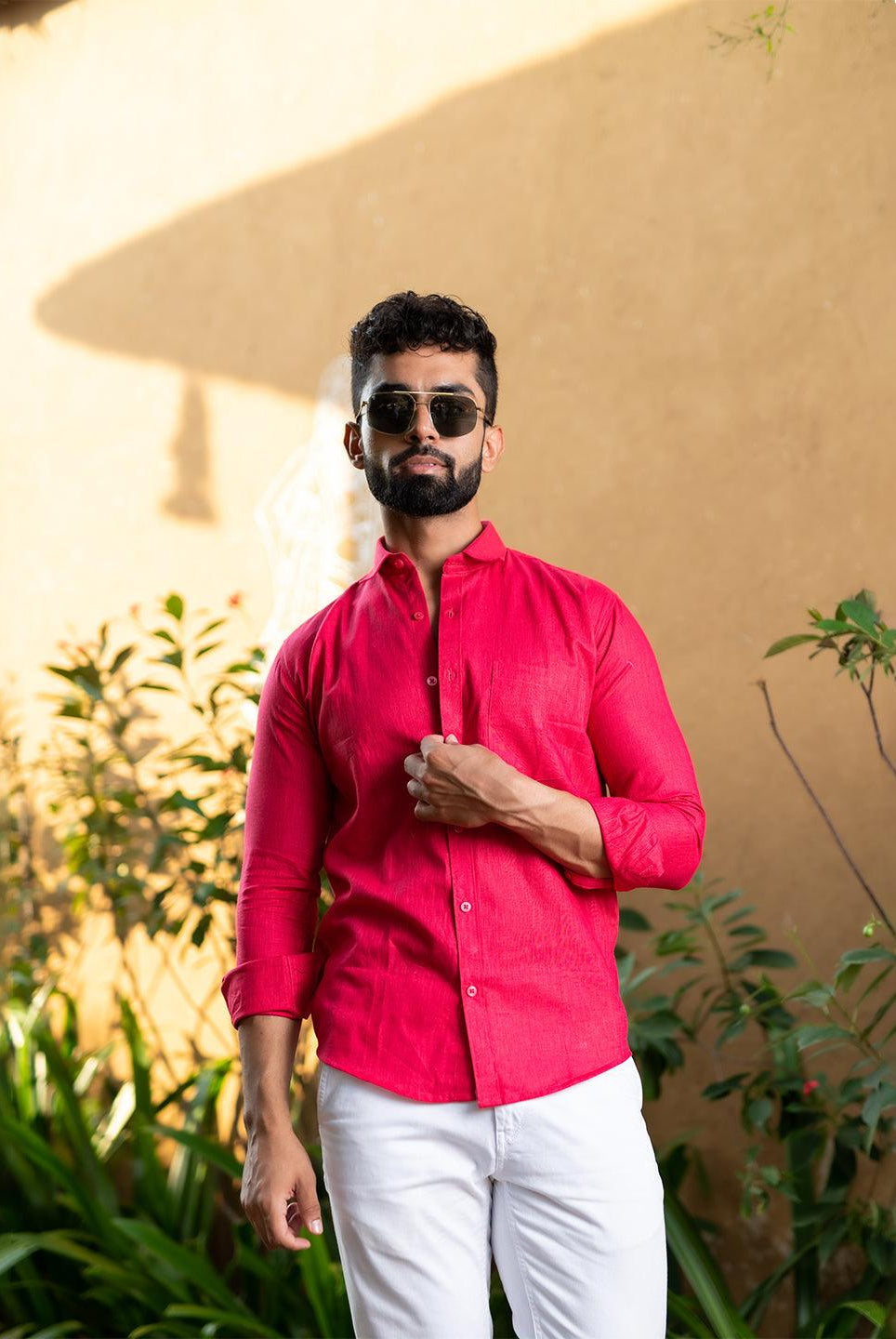 Coral Red Linen Cotton Full Sleeves Shirt - Tistabene