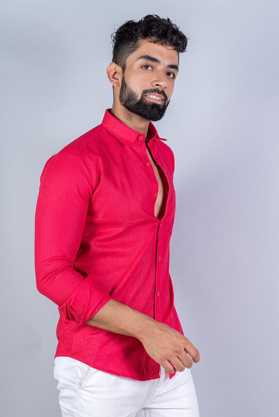 Coral Red Linen Cotton Full Sleeves Shirt - Tistabene