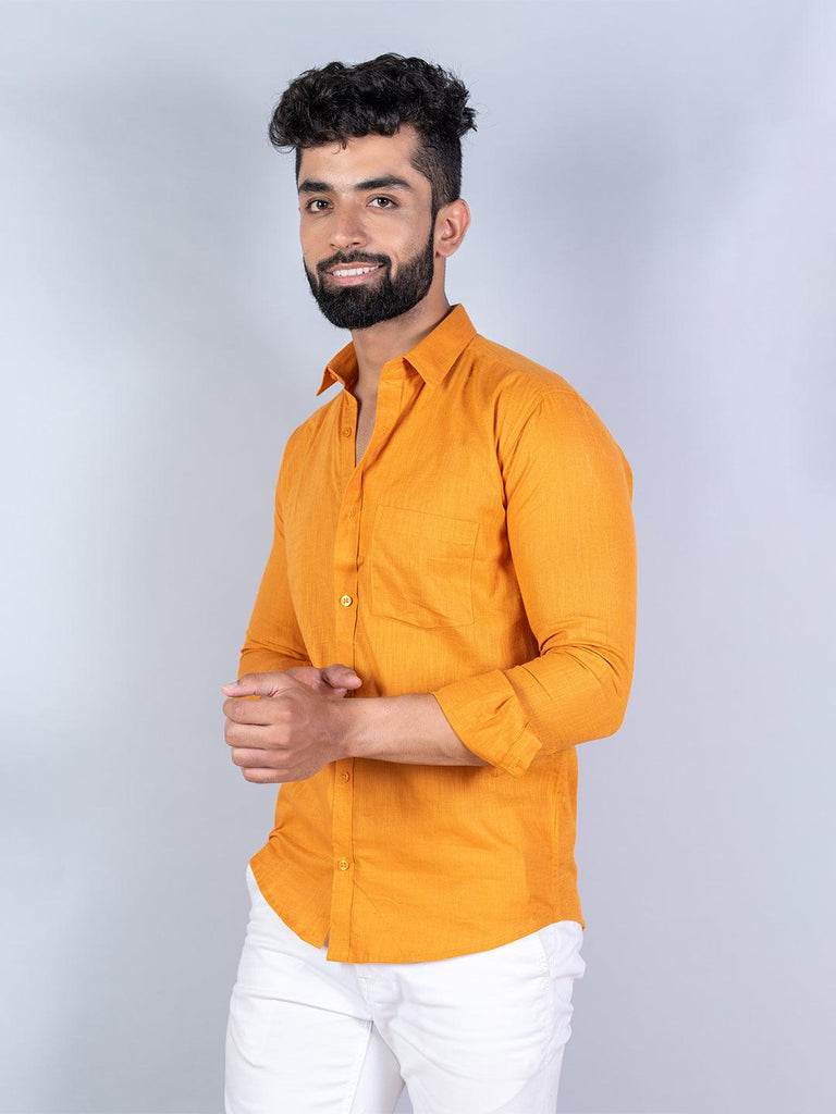 Mustard Yellow Linen Cotton Full Sleeves Shirt - Tistabene