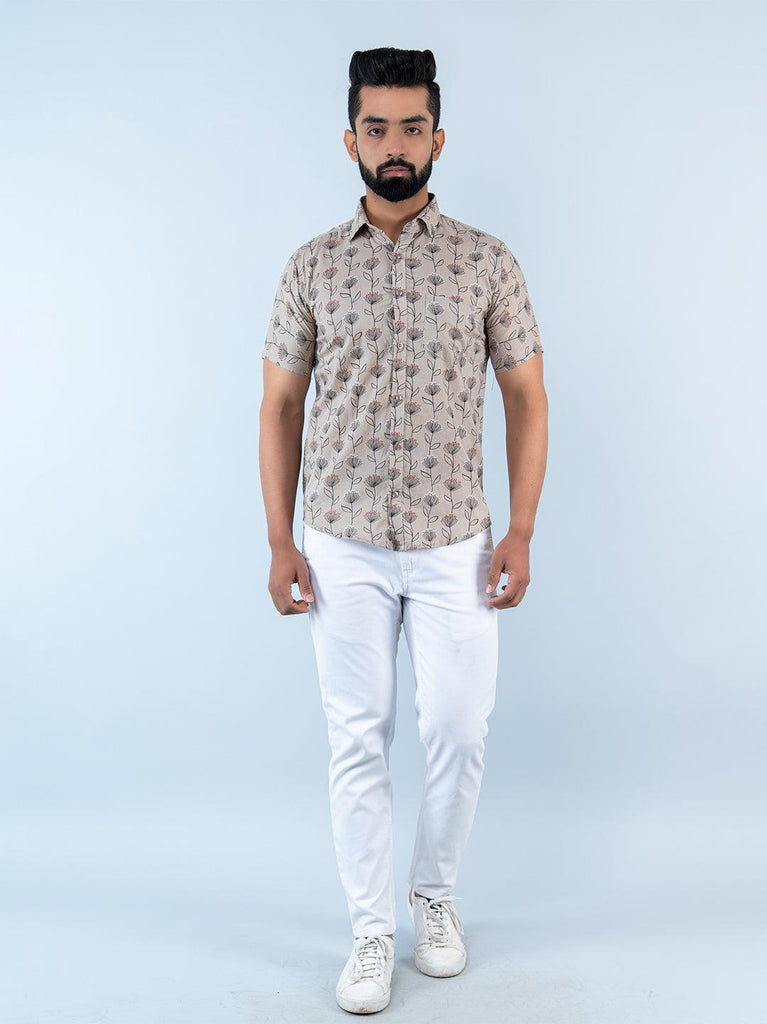 Beige Florescence Printed Cotton Half Sleeves Shirt - Tistabene
