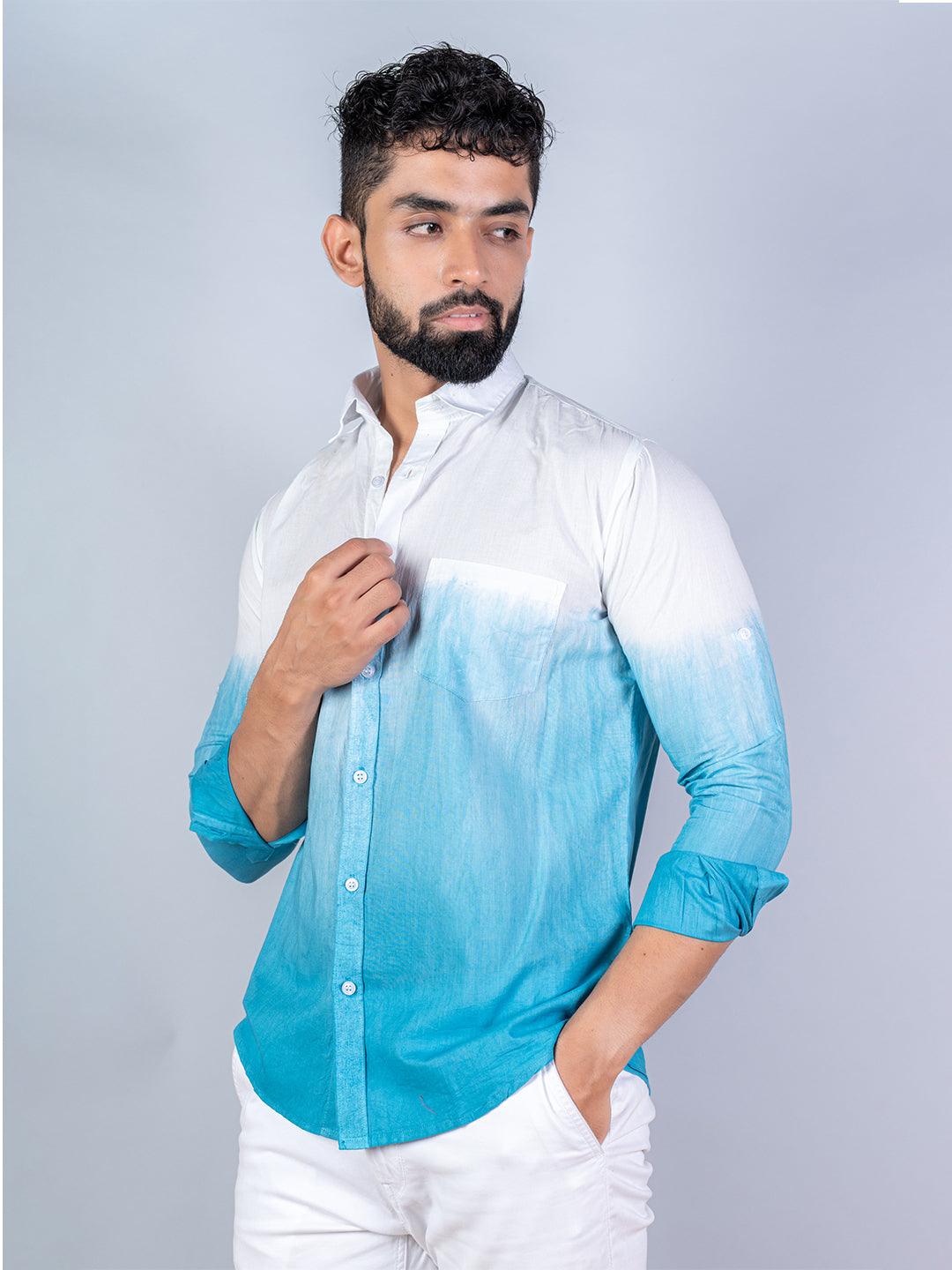 Sky Blue & White Comfort Fit Tie & Dye Full Sleeves Cotton Shirt - Tistabene